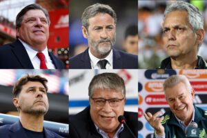 Combo de fotografías de archivo de los técnicos Miguel Herrera (ariba-i), Thomas Christiansen (arriba-c), Reynaldo Rueda (arriba-d), Mauricio Pochettino (abajo-i), Hernan Dario Goméz (abajo-c) y Javier Aguirre. EFE/ Archivo