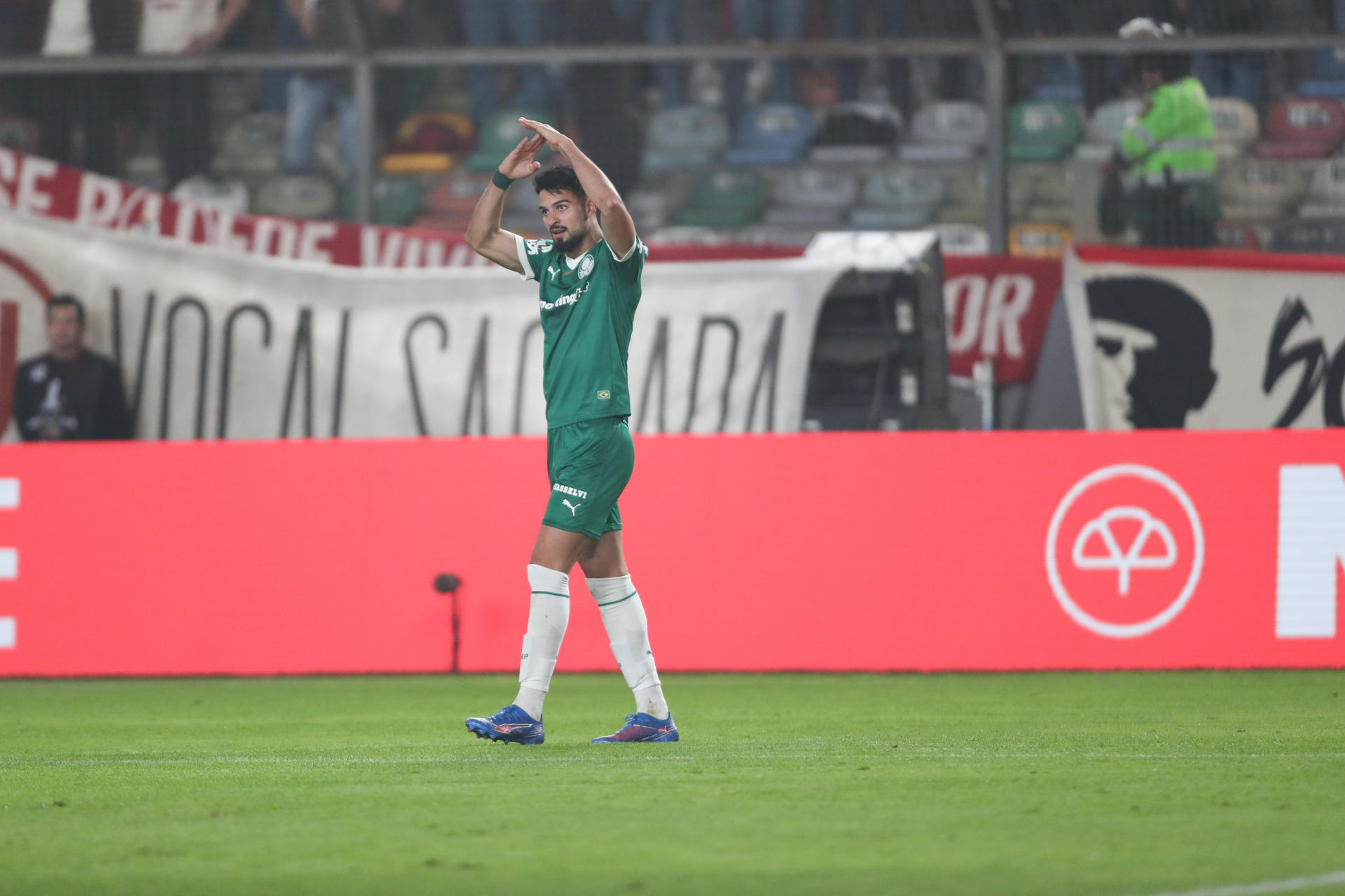 José Manuel López de Palmeiras celebra su gol durante un partido de octavos de final de la Copa Libertadores. EFE/ Paolo Aguilar