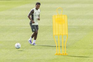 El delantero brasileño del Real Madrid, Rodrygo Goes, durante un entrenamiento en foto de archivo de Sergio Pérez. EFE