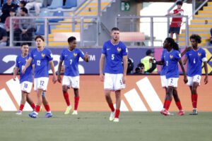 Lucas Michal (3-i) de Francia celebra un gol junto a sus compañeros en un partido del grupo E de la Copa Mundial Sub-20. EFE/ Elvis González