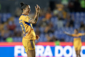 Jennifer Hermoso de Tigres celebra un gol durante un partido de la Liga Femenil MX. Imagen de archivo. EFE/ Miguel Sierra