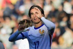 Andrea Le Borgne, de Francia, anotó un triplete ante Nueva Caledonia en el grupo E del Mundial Sub-20 en el estadio Fiscal de Talca. EFE/Benjamín Hernández