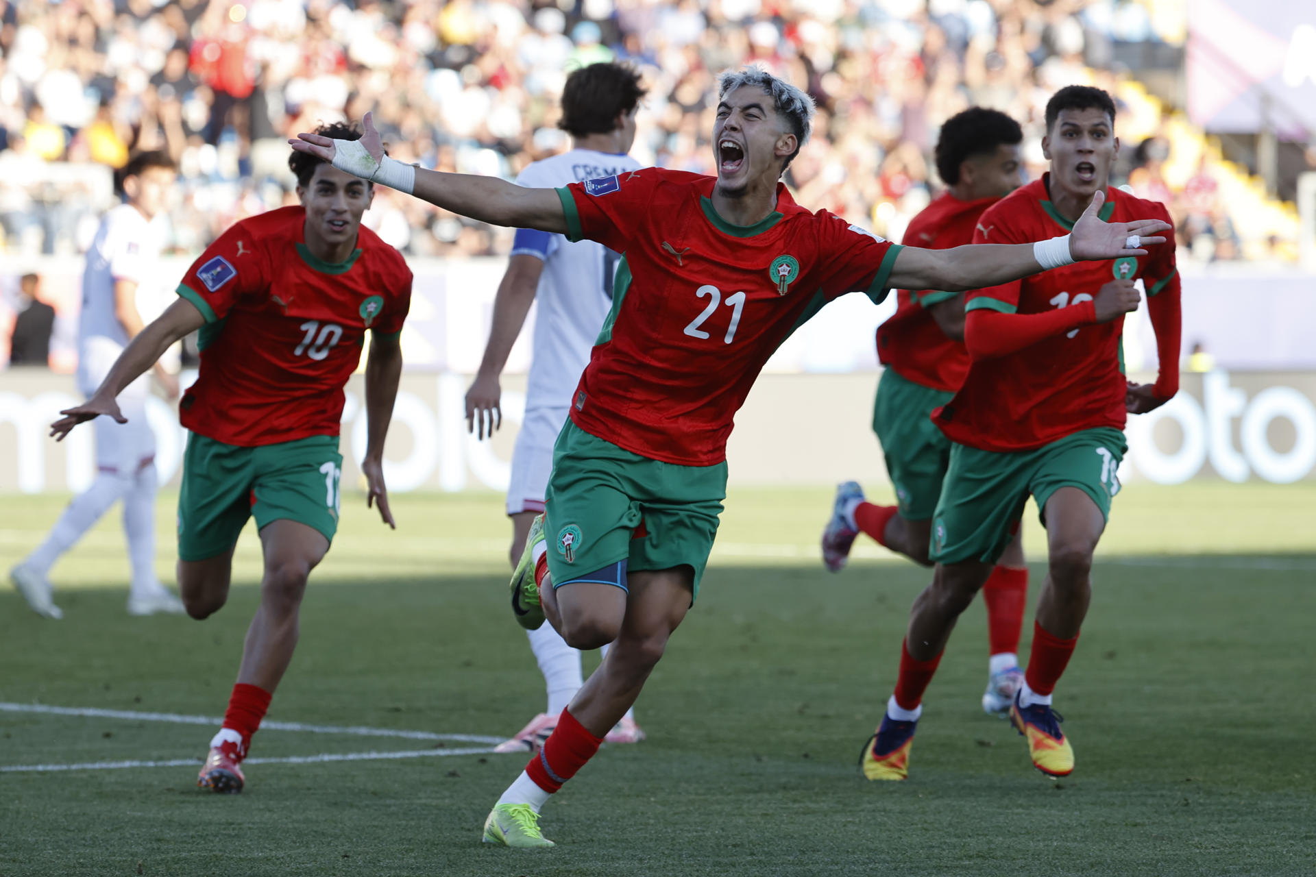 Yassir Zabiri de Marruecos celebra un gol en un partido de cuartos de final de la Copa Mundial Sub-20. EFE/Elvis González