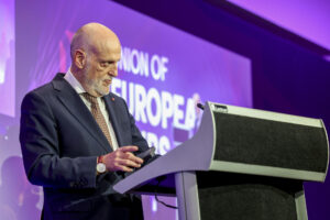 El presidente de LaLiga, Javier Tebas, durante su participación el pasado martes en el UEC Football Forum, en Bruselas. EFE/ Pablo Garrigós