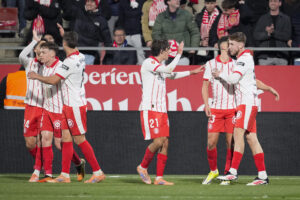Los jugadores del Girona celebran un gol en el estadio municipal de Montilivi, en la capital gerundensa en foto de archivo de David Borrat.