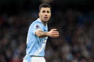 El español Rodrigo Hernández marcó su primer gol con el Manchester City desde mayo de 2024 . EFE/EPA/ADAM VAUGHAN
