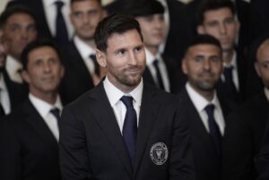 El argentino Lionel Messi, capitán del Inter Miami, durante la reunión en la Casa Blanca. EFE/EPA/YURI GRIPAS / POOL