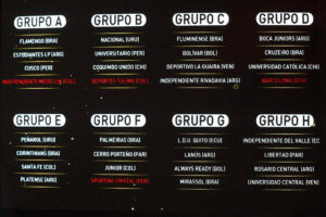 Fotografía de los grupos y los equipos que los conforman durante el sorteo de la fase de grupos de la Copa Libertadores 2026 este jueves, en Luque (Paraguay). EFE/ Juan Pablo Pino