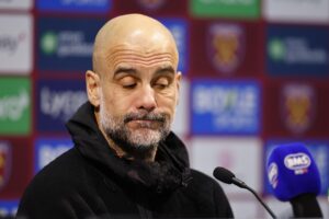 Pep Guardiola, entrenador del Manchester City, en la conferencia de prensa posterior al partido de la Premier League, contra el West Ham United, el pasado sábado. EFE/EPA/TOLGA AKMEN SOLO USO EDITORIAL.