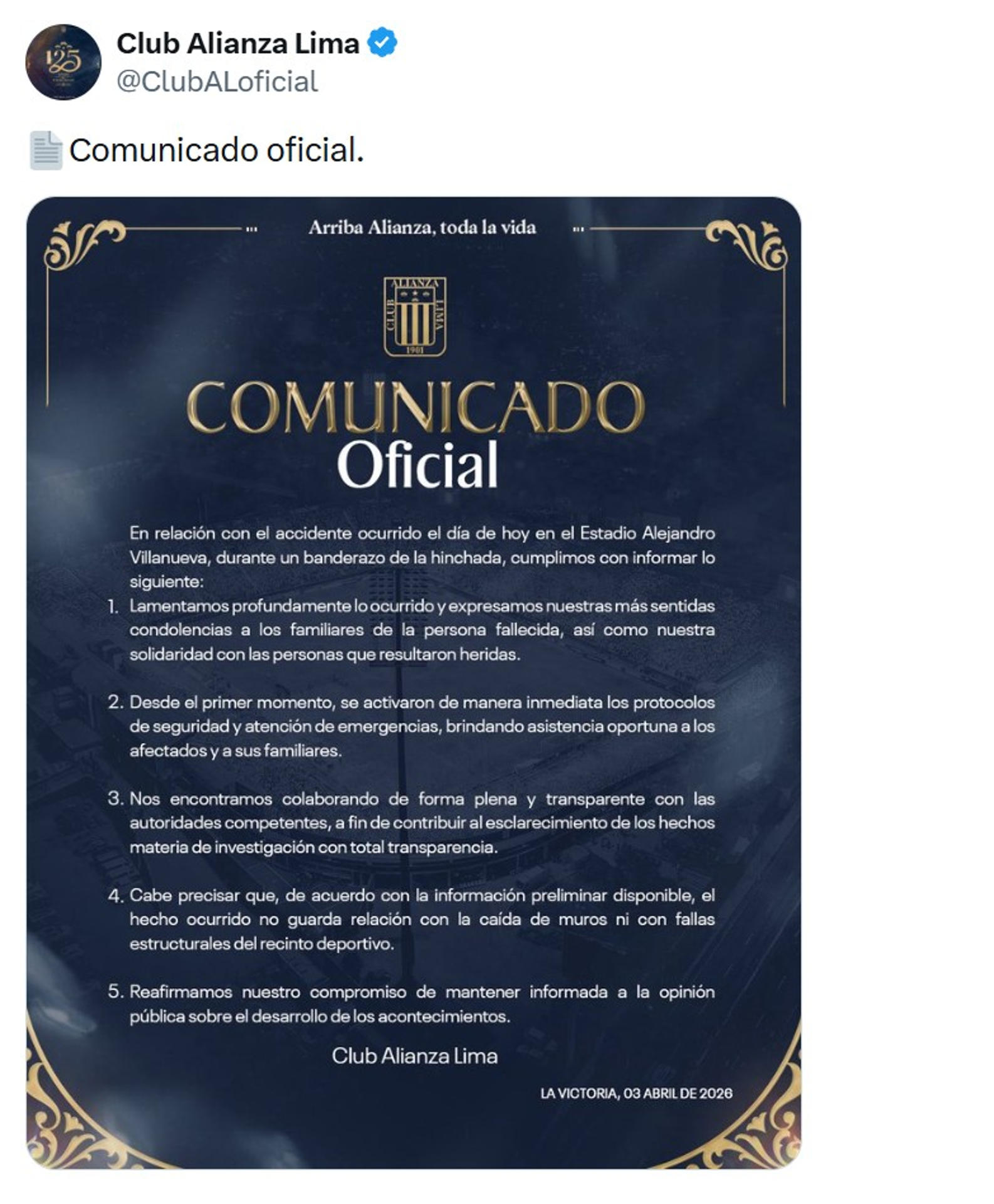 Captura de pantalla de la cuenta de X del Club Alianza Lima que muestra el comunicado en el que se lamenta la muerte de un hincha y se aclaran circunstancias en las que además al menos 47 personas más resultaron heridas dentro del Estadio Alejandro Villanueva. EFE/ @clubaloficial /SOLO USO EDITORIAL/ NO VENTAS/ SOLO DISPONIBLE PARA ILUSTRAR LA NOTICIA/CRÉDITO OBLIGATORIO.