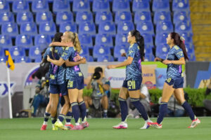 Jugadoras de América celebran un gol durante un partido del Torneo Clausura 2026 de la Liga Femenil MX entre Tigres y América en el Estadio Universitario de San Nicolás de los Garza (México). Imagen de archivo. EFE/Miguel Sierra