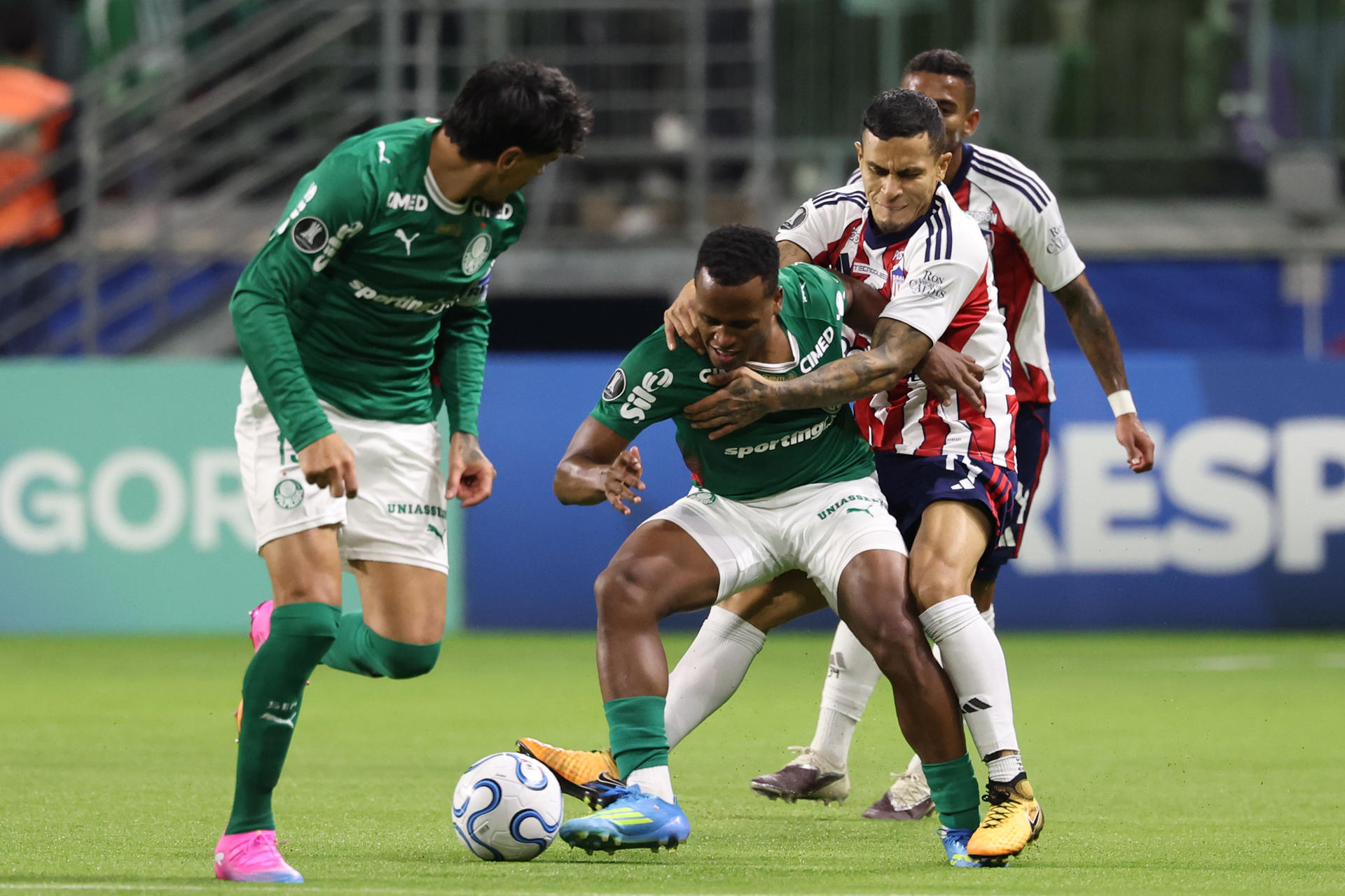 Jhon Arias (c), de Palmeiras, disputa un balón con Juan David Ríos, de Junior, en un partido de la fase de grupos de la Copa Libertadores entre Palmeiras y Junior en el Allianz Parque en Sao Paulo (Brasil). EFE/Sebastião Moreira