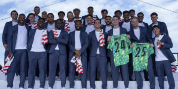 Los jugadores de la selección masculina de fútbol de Estados Unidos posan durante el anuncio de la lista oficial de jugadores convocados para el Mundial 2026 el pasado 26 de mayo, en Nueva York (Estados Unidos). Christian Pulisic, atacante del AC Milan, y Weston McKennie, centrocampista de la Juventus de Turín, encabezan la lista de una Estados Unidos dirigida por Mauricio Pochettino que disputará el Mundial 2026 como coanfitriona junto con México y Canadá entre el 11 de junio y el 19 de julio. EFE/ Ángel Colmenares