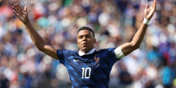 Kylian Mbappe de Francia celebra un gol este martes, en un partido del grupo I del Mundial de la FIFA 2026 entre Francia y Senegal en el estadio MetLife de Nueva Jersey (Estados Unidos). EFE/ Sebastiao Moreira