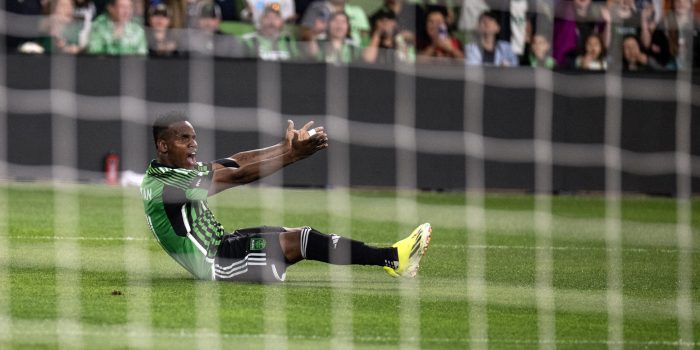 AUSTIN, TEXAS - MARCH 16: Forward Jáder Obrian #11 of Austin FC reacts to a no-call during a game between the Philadelphia Union at Q2 Stadium on March 16, 2024 in Austin, Texas.   Brien Aho/Getty Images/AFP (Photo by BRIEN AHO / GETTY IMAGES NORTH AMERICA / Getty Images via AFP)