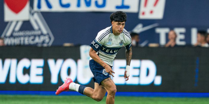 VANCOUVER, CANADA - AUGUST 17: Kenji Cabrera #17 of the Vancouver Whitecaps runs during the MLS match against the Houston Dynamo FC at BC Place on August 17, 2025 in Vancouver, Canada. This is Cabrera's debut in the MLS.   Rich Lam/Getty Images/AFP (Photo by Rich Lam / GETTY IMAGES NORTH AMERICA / Getty Images via AFP)