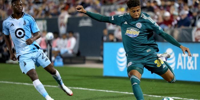 COMMERCE CITY, COLORADO - SEPTEMBER 27: Rafael Santos #30 of the the Colorado Rapids clears the ball out of the corner against the Minnesota United FC in the first half at Dick's Sporting Goods Park on September 27, 2025 in Commerce City, Colorado.   Matthew Stockman/Getty Images/AFP (Photo by MATTHEW STOCKMAN / GETTY IMAGES NORTH AMERICA / Getty Images via AFP)