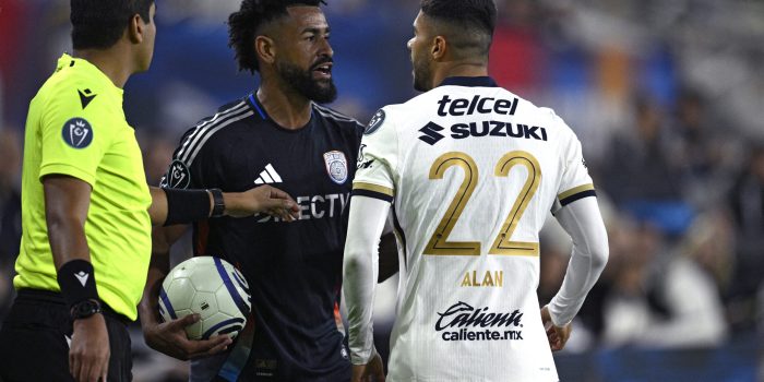 SAN DIEGO, CALIFORNIA - FEBRUARY 03: Anibal Godoy #20 of San Diego FC and Alan Medina #22 of Pumas UNAM exchange words in the second half during the CONCACAF Champions Cup match at Snapdragon Stadium on February 03, 2026 in San Diego, California.   Orlando Ramirez/Getty Images/AFP (Photo by Orlando Ramirez / GETTY IMAGES NORTH AMERICA / Getty Images via AFP)