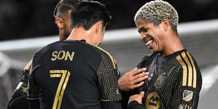 LOS ANGELES, CALIFORNIA - FEBRUARY 21: David Martínez #30 of Los Angeles FC celebrates after scoring the team's first goal with teammatesduring the MLS match between Los Angeles Football Club and Inter Miami CF at Los Angeles Memorial Coliseum on February 21, 2026 in Los Angeles, California.   Shaun Clark/Getty Images/AFP (Photo by Shaun Clark / GETTY IMAGES NORTH AMERICA / Getty Images via AFP)