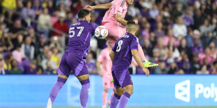 ORLANDO, FLORIDA - MARCH 01: German Berterame #19 of Inter Miami CF heads the ball against Iago Teodoro #57 and Braian Ojeda #8 of Orlando City during the MLS match between Orlando City SC and Inter Miami CF at Inter&Co Stadium on March 01, 2026 in Orlando, Florida.   Dustin Markland/Getty Images/AFP (Photo by Dustin Markland / GETTY IMAGES NORTH AMERICA / Getty Images via AFP)