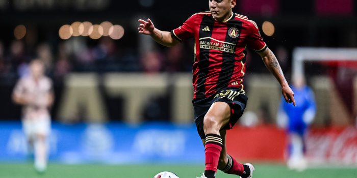 Atlanta United midfielder Thiago Almada #23 dribbles during the first half of the match against Portland Timbers at Mercedes-Benz Stadium in Atlanta, GA on Saturday March 18, 2023. (Photo by Mitchell Martin/Atlanta United)