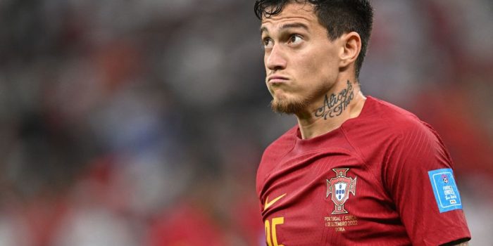 Portugal's midfielder #25 Otavio reacts during the Qatar 2022 World Cup round of 16 football match between Portugal and Switzerland at Lusail Stadium in Lusail, north of Doha on December 6, 2022. (Photo by Paul ELLIS / AFP) (Photo by PAUL ELLIS/AFP via Getty Images)