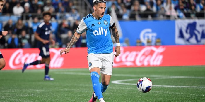 Feb 25, 2023; Charlotte, North Carolina, USA;  Charlotte FC forward Enzo Copetti (9) passes the ball in the second half at Bank of America Stadium. Mandatory Credit: Bob Donnan-USA TODAY Sports