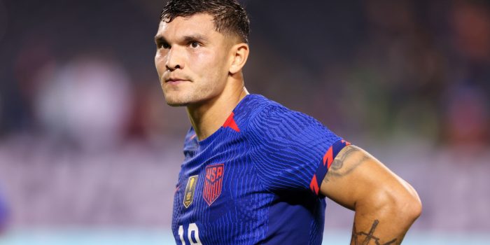 CHICAGO, ILLINOIS - JUNE 24: Brandon Vazquez #19 of the United States during their Group A match of the 2023 CONCACAF Gold Cup against Jamaica at Soldier Field on June 24, 2023 in Chicago, Illinois. (Photo by John Dorton/USSF/Getty Images for USSF)