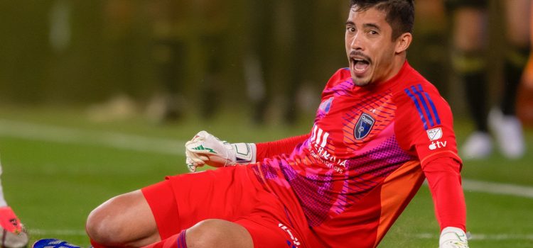 LOS ANGELES, CA - OCTOBER 19: Daniel de Sousa Brito #42 of San Jose Earthquakes reacts during a game between San Jose Earthquakes and Los Angeles FC at BMO Stadium on October 19, 1924 in Los Angeles, California. (Photo by Melinda Meijer/ISI Photos/Getty Images)