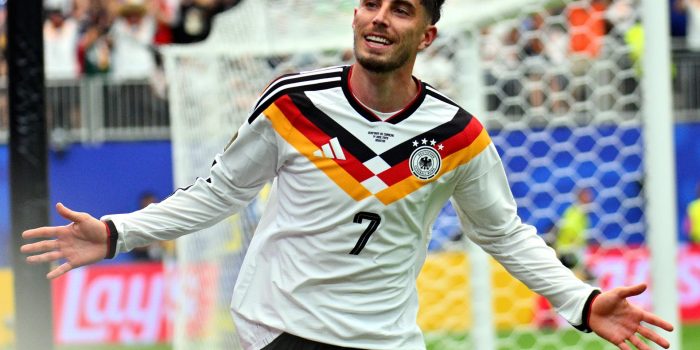 Fotografía del 14 de junio de 2026 en la que se observa a Kai Havertz, de Alemania, al celebrar marcar el 7-1 durante el partido de la fase de grupos de la Copa Mundial de la FIFA 2026 entre Alemania y Curazao, en Houston (EE.UU.). EFE/SAM WASSON