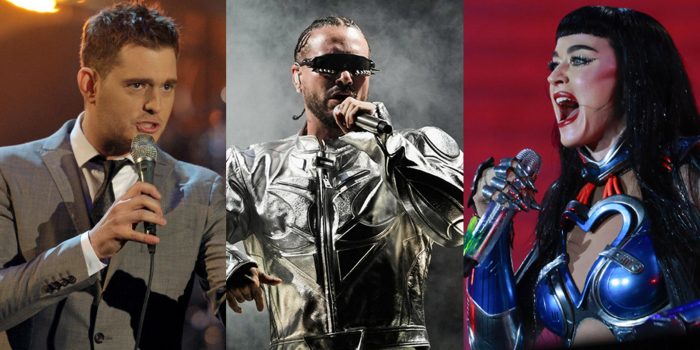 Combo de fotografías que muestra al cantante candiense Michael Buble (i), al cantante y productor colombiano J Balvin (c), y la cantante estadounidense Katy Perry. EFE/ Carmen Jaspersen/ Alejandro García/ Sebastião Moreira