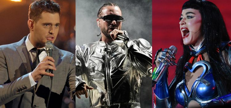 Combo de fotografías que muestra al cantante candiense Michael Buble (i), al cantante y productor colombiano J Balvin (c), y la cantante estadounidense Katy Perry. EFE/ Carmen Jaspersen/ Alejandro García/ Sebastião Moreira