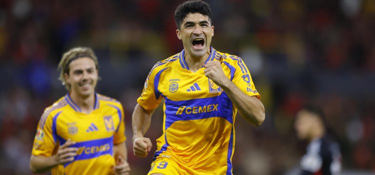 Imagen de archivo de Nicolás Alejandro Ibañez de Tigres celebrando un gol. EFE/ Francisco Guasco