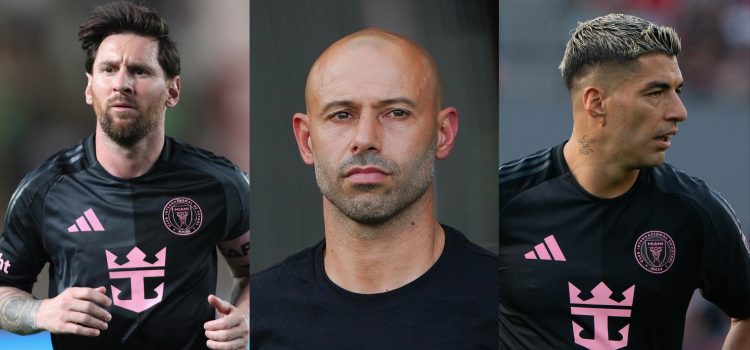 Combo de fotografías de archivo donde aparecen el futbolista Lionel Messi (i), el entrenador Javier Mascherano (c) y el futbolista Luis Suárez. EFE/ Paolo Aguilar / Eliecer Aizprua