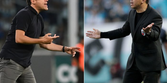 Combo de fotografías de los técnicos de Talleres, Alexander Medina (i) y River, Marcelo Gallardo. EFE/Ariel Alejandro Carreras/Demian Alday Estevez