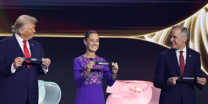 El presidente de Estados Unidos, Donald Trump (i); la presidenta de México, Claudia Sheinbaum (c), y el primer ministro de Canadá, Mark Carney (d). EFE/ Octavio Guzmán