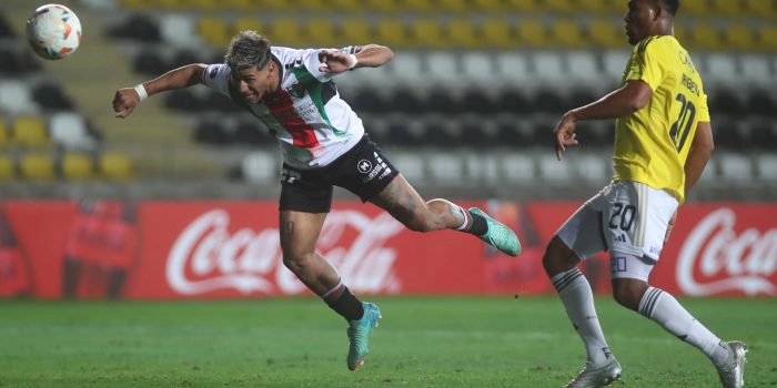 Junior Marabel (i) de Palestino disputa un balón con Danovis Banguero (d) de Millonarios por la Copa Libertadores entre Palestino y Millonarios en el estadio Municipal Francisco Sánchez Rumoroso en Coquimbo (Chile). EFE/ Hernán Contreras