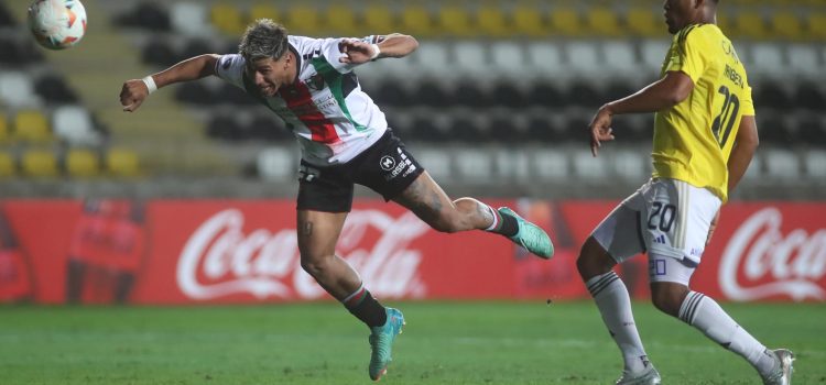 Junior Marabel (i) de Palestino disputa un balón con Danovis Banguero (d) de Millonarios por la Copa Libertadores entre Palestino y Millonarios en el estadio Municipal Francisco Sánchez Rumoroso en Coquimbo (Chile). EFE/ Hernán Contreras