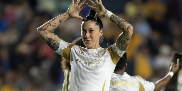 Jennifer Hermoso de Tigres celebra un gol en el Estadio Universitario de Monterrey (México). Imagen de archivo. EFE/ Miguel Sierra