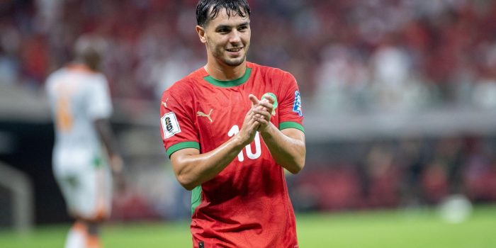 El marroquí Brahim Díaz celebra un gol durante el partido de clasificación para la Copa Mundial de la FIFA entre Marruecos y Níger, en Rabat, Marruecos. EFE/EPA/JALAL MORCHIDI