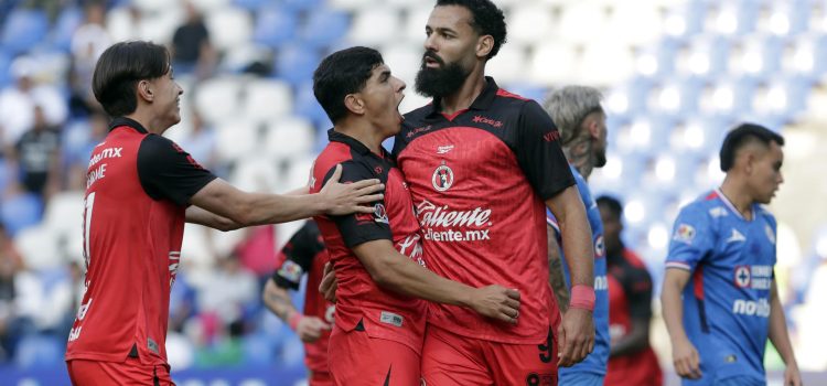 Mourad El Ghezouani (c), de Tijuana, celebra un gol durante un partido por la jornada 15 del torneo Clausura 2026 de la Liga MX en el estadio Cuauhtémoc en Puebla (México). EFE/Hilda Ríos