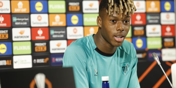 Fotografía de Miguel Toña, en la que puede verse en una imagen de archivo del 30 de abril de 2025 al delantero del Athletic de Bilbao Nico Williams, quien este viernes anunció su renovación con el club vasco. EFE