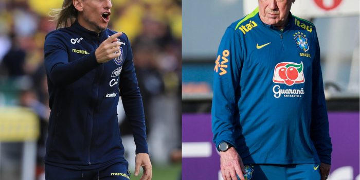 Los seleccionadores Sebastian Beccacece (i) de Ecuador, y Carlo Ancelotti, de Brasil, tienen este jueves en Guayaquil una cita muy especial en la decimoquinta jornada de las eliminatorias sudamericanas del Mundial de 2026. EFE/ARCHIVO