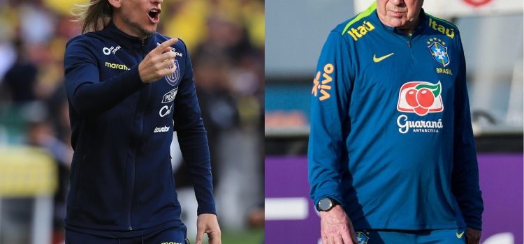 Los seleccionadores Sebastian Beccacece (i) de Ecuador, y Carlo Ancelotti, de Brasil, tienen este jueves en Guayaquil una cita muy especial en la decimoquinta jornada de las eliminatorias sudamericanas del Mundial de 2026. EFE/ARCHIVO