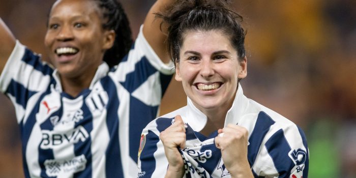 Lucía García de Rayadas celebra una anotación en el estadio BBVA de la ciudad de Monterrey (México). EFE/ Miguel Sierra