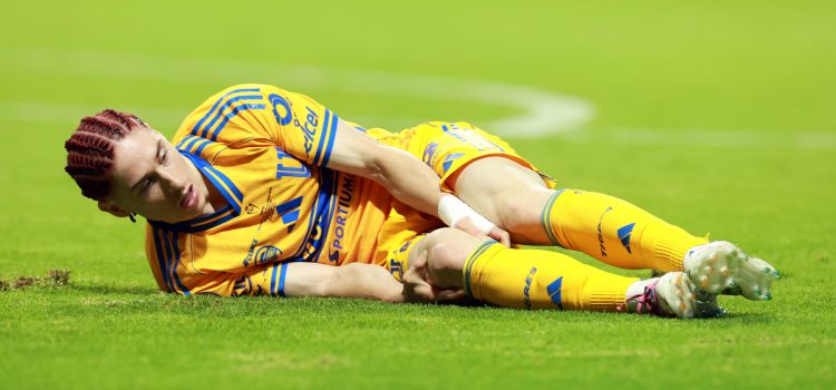 Marcelo Flores de Tigres reacciona en el piso este sábado, durante un partido por la final de la Copa de Campeones Concacaf entre Toluca y Tigres en el estadio Nemesio Diez en Toluca (México). EFE/ Alex Cruz