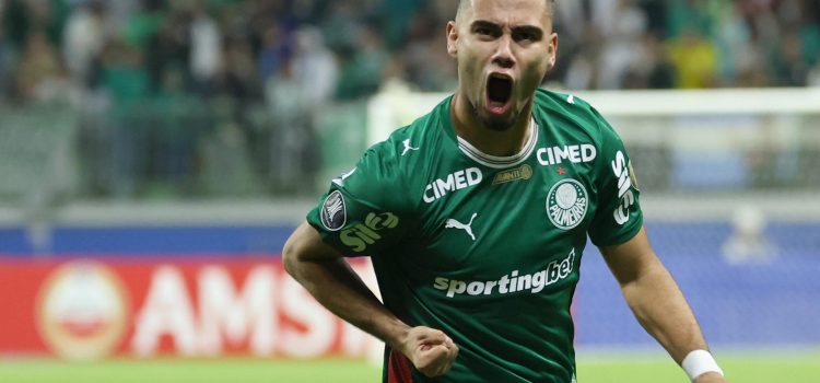 Andreas Pereira, de Palmeiras, celebra un gol en un partido de la fase de grupos de la Copa Libertadores entre Palmeiras y Junior en el Allianz Parque en Sao Paulo (Brasil). EFE/Sebastião Moreira