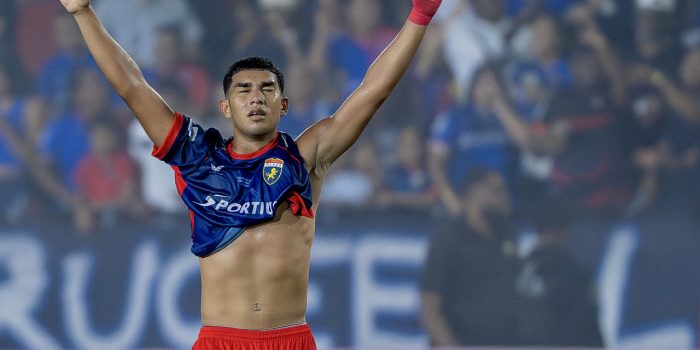 Daivis Murillo, de Plaza Amador, celebra un gol este sábado en la final de la Liga Panameña de Fútbol ante Alianza en el estadio Maracaná en Ciudad de Panamá. EFE/ Eliecer Augusto Aizprua Banfield