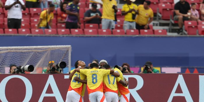 Jugadores de la selección sub-20 de Colombia celebran este sábado la conquista del tercer puesto del Mundial juvenil de Chile tras derrotar por 1-0 a la de Francia en el estadio Nacional Julio Martínez Prádanos, de Santiago. EFE/ Ailen Díaz