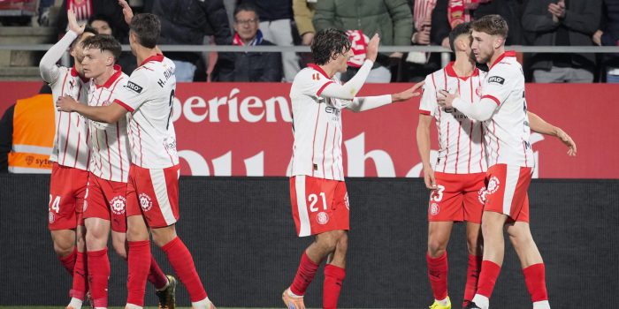 Los jugadores del Girona celebran un gol en el estadio municipal de Montilivi, en la capital gerundensa en foto de archivo de David Borrat.